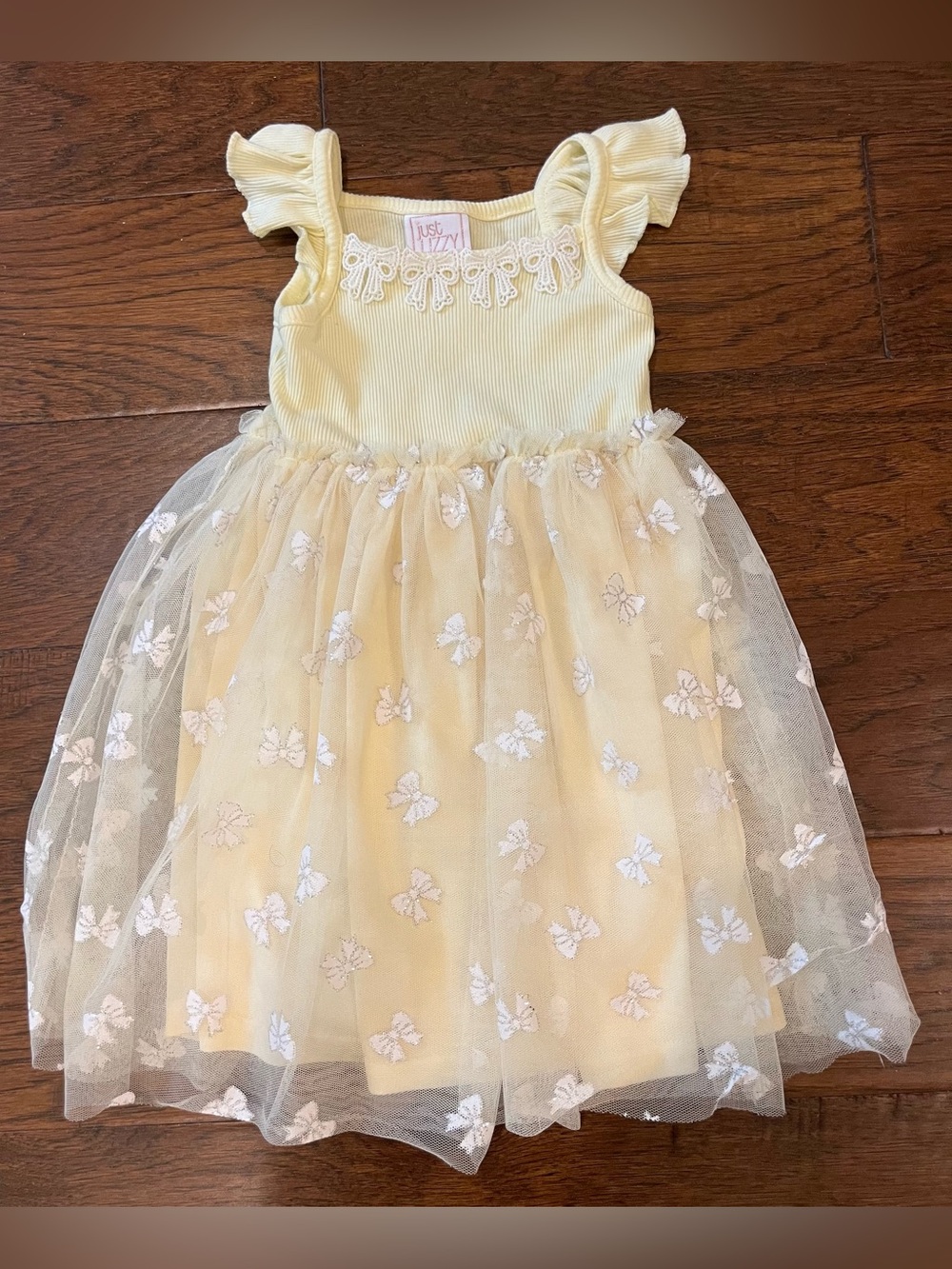Girls Pale Yellow Ribbed Bodice & Tulle Skirt Dress with Sequin Bows Size 5